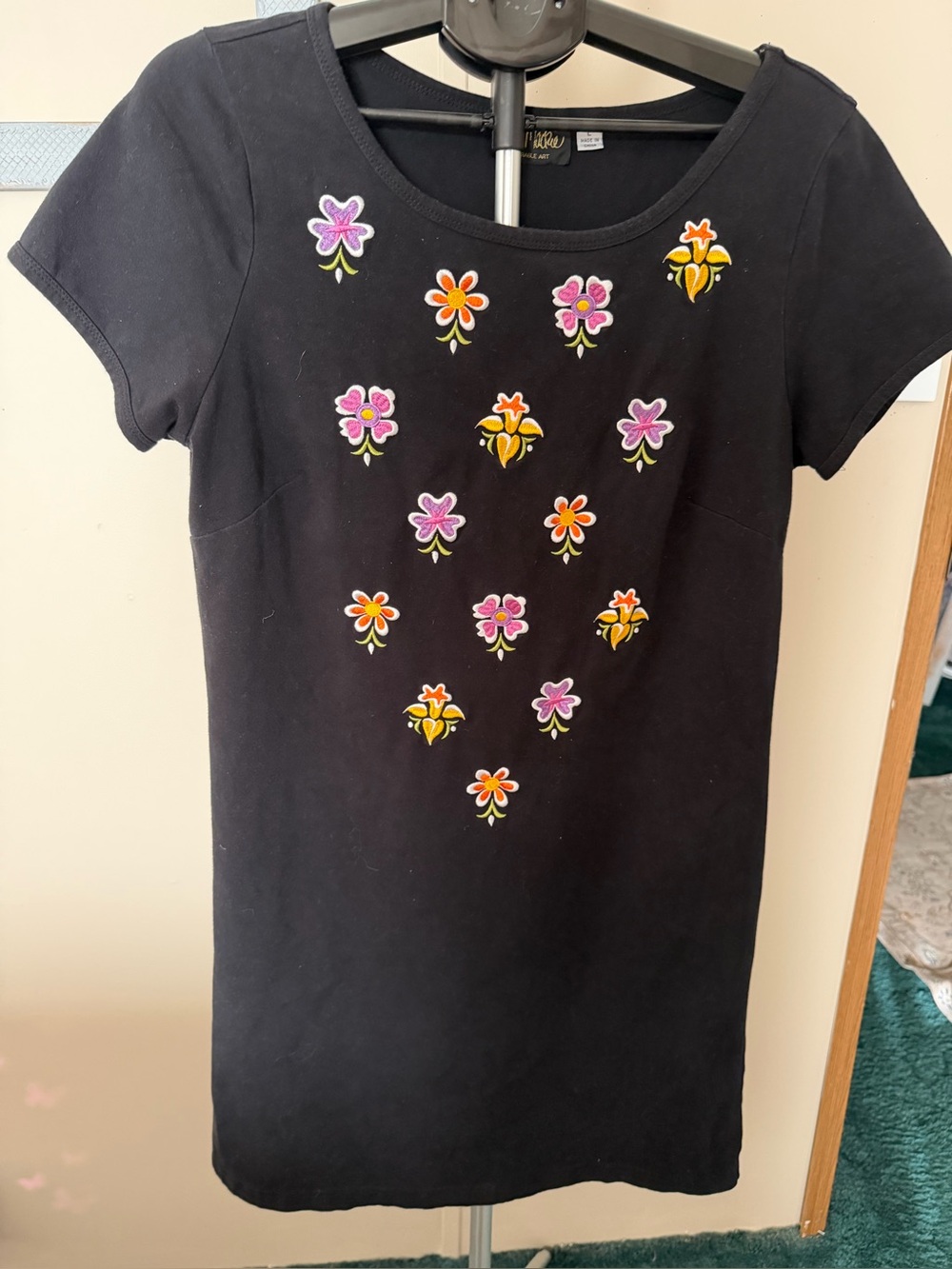 Bob Mackie Wearable Art Black Embroidered Floral Knit Tunic Top Dress L